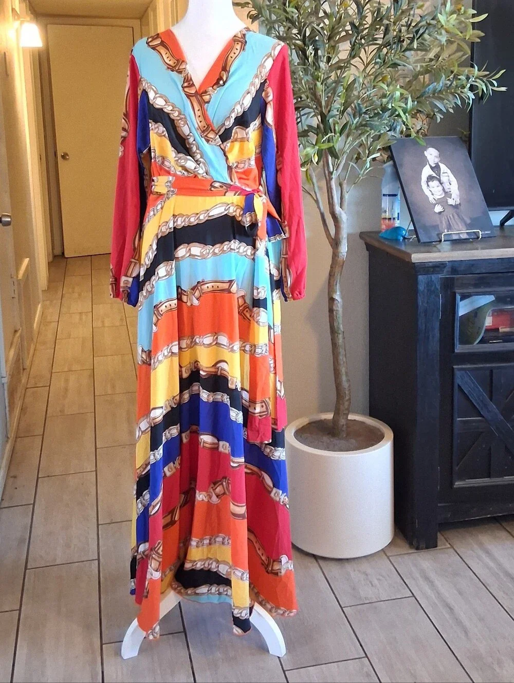 Dareen Hand‎ Made Chain Print Maxi Dress SzL Multicolor Wrap Vacation Beach
